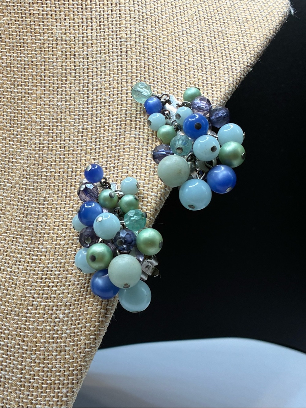 Vintage Blue Cluster Bead Clip-On Earrings - Women's Jewelry
